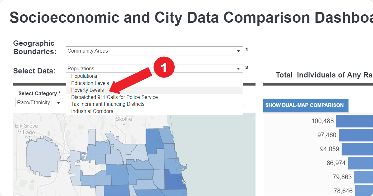 A screenshot highlighting clicking the dropdown menu for Select Data and choosing Poverty Levels