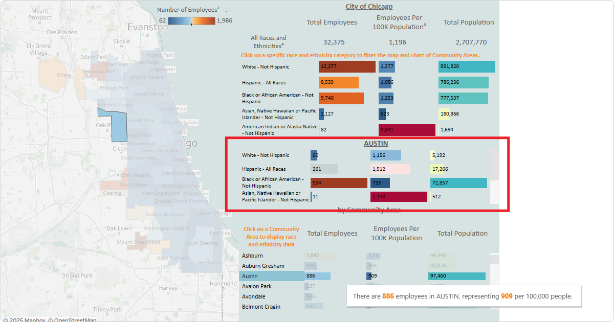 Screenshot displaying the Austin Community Area highlighted and demographic breakdown